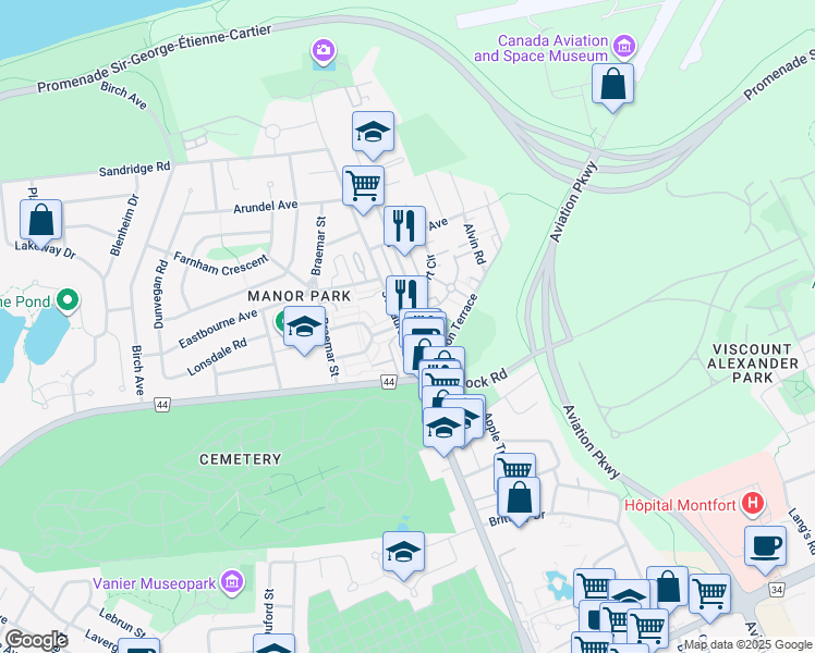 map of restaurants, bars, coffee shops, grocery stores, and more near 287 Saint Laurent Boulevard in Ottawa