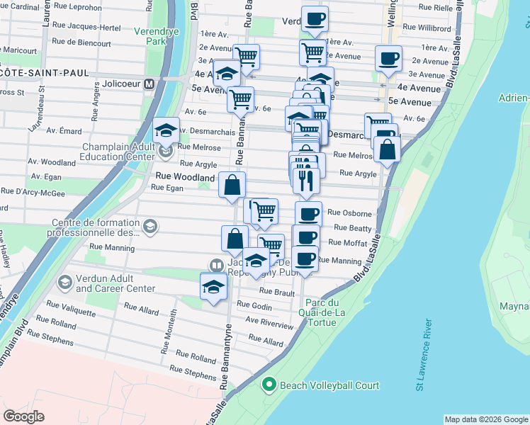 map of restaurants, bars, coffee shops, grocery stores, and more near 840 Rue Osborne in Montréal