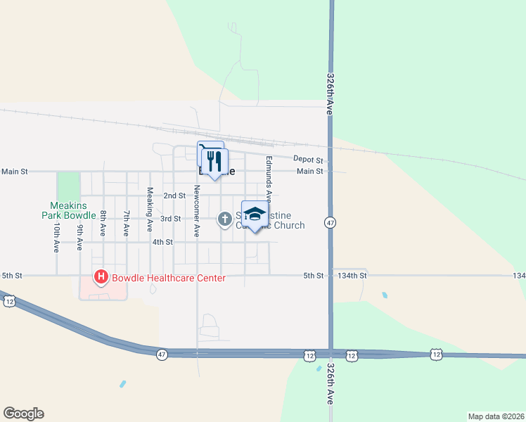 map of restaurants, bars, coffee shops, grocery stores, and more near 6074 2nd Avenue in Bowdle