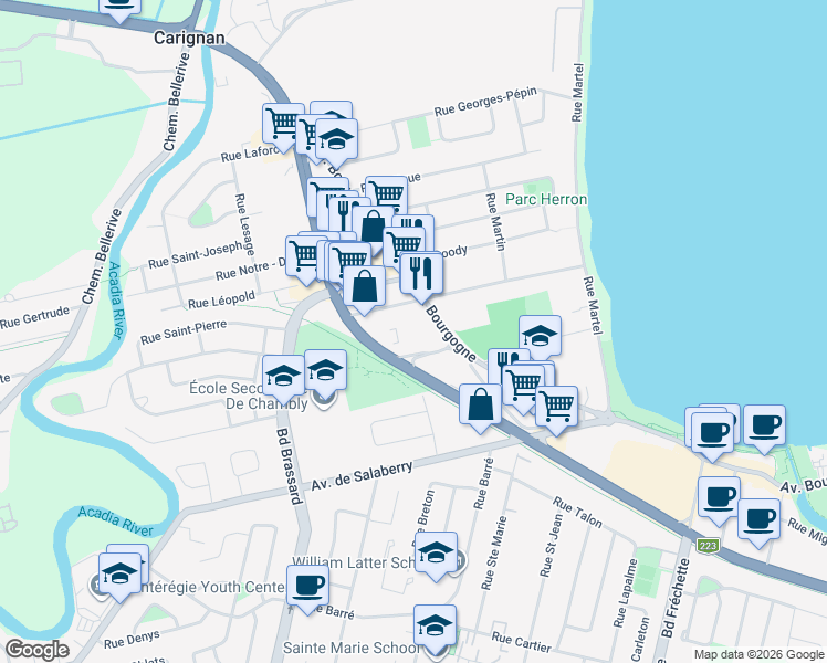 map of restaurants, bars, coffee shops, grocery stores, and more near 1370 Avenue Bourgogne in Chambly