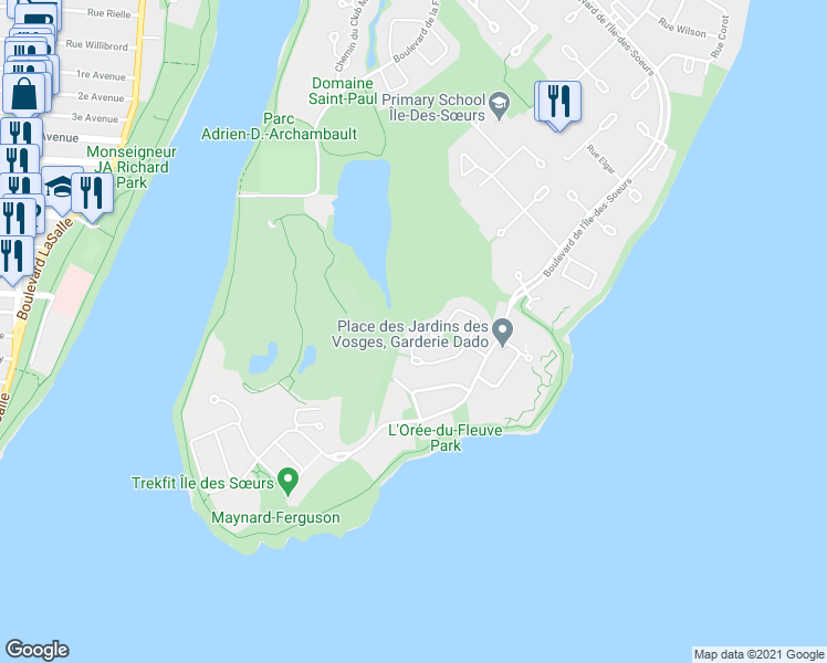 map of restaurants, bars, coffee shops, grocery stores, and more near 20 Rue de l'Orée du Bois Est in Montréal