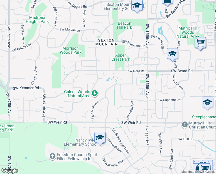 map of restaurants, bars, coffee shops, grocery stores, and more near 9485 Southwest 160th Avenue in Beaverton