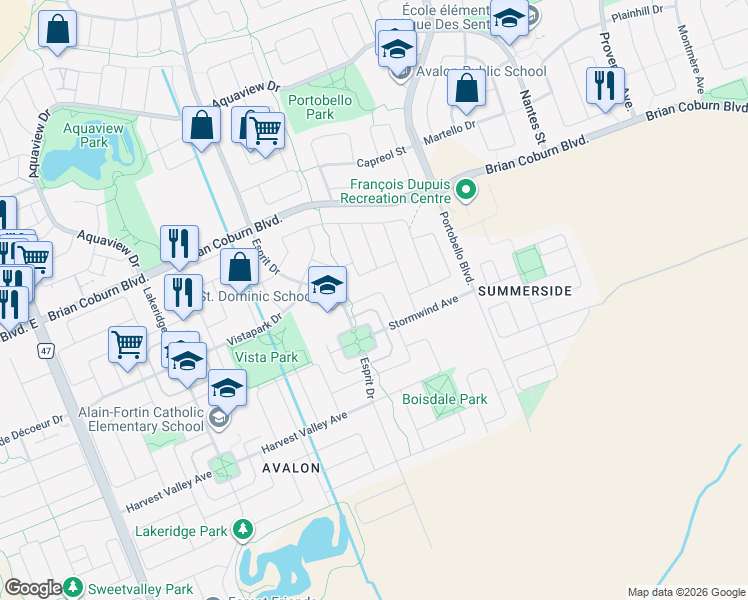 map of restaurants, bars, coffee shops, grocery stores, and more near 146 Waterfern Way in Ottawa