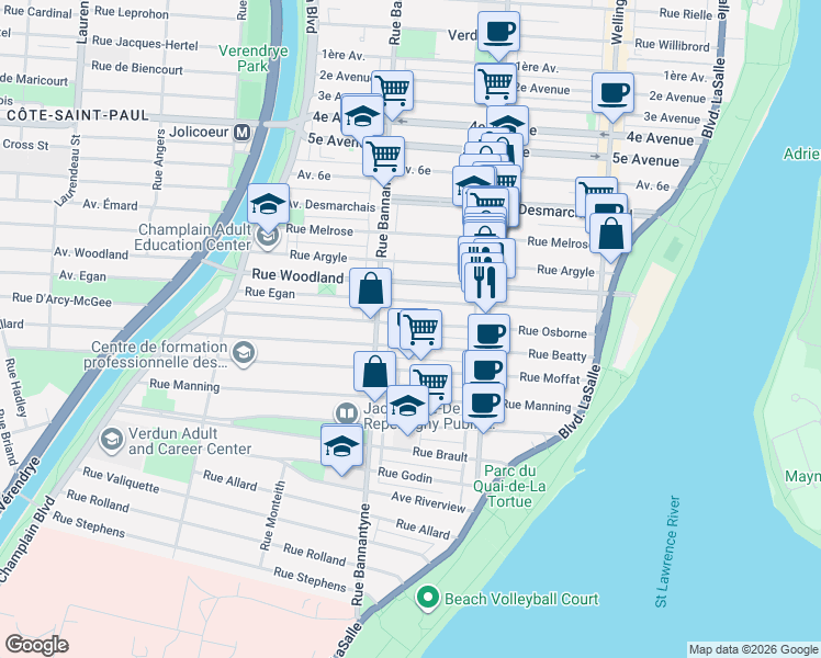 map of restaurants, bars, coffee shops, grocery stores, and more near 876 Rue Osborne in Montréal