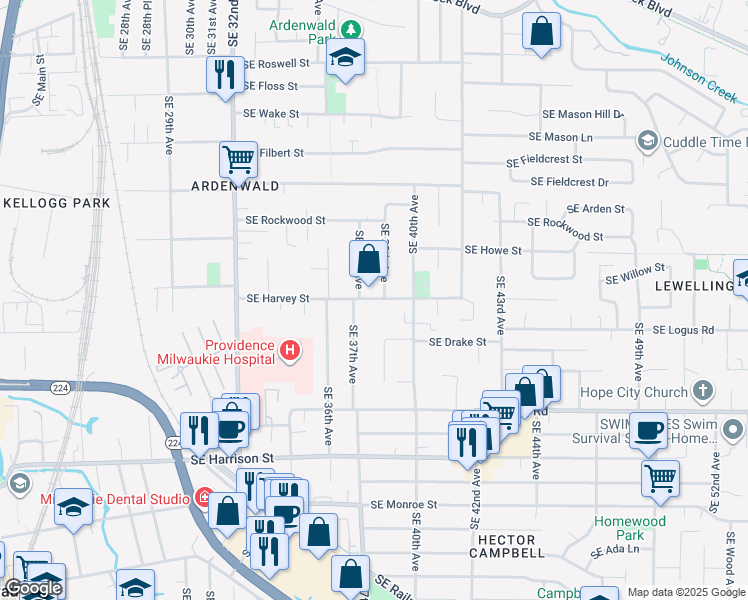 map of restaurants, bars, coffee shops, grocery stores, and more near 3735 Southeast Harvey Street in Milwaukie
