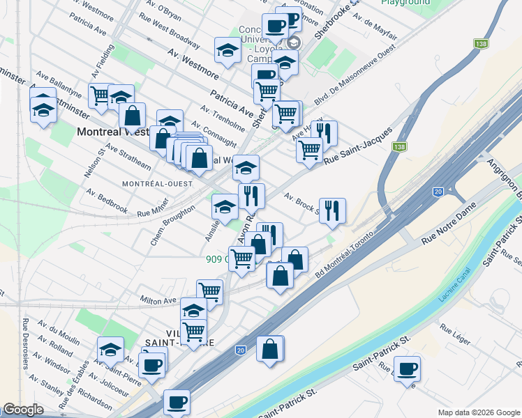 map of restaurants, bars, coffee shops, grocery stores, and more near 8036 Chemin Avon in Montréal-Ouest