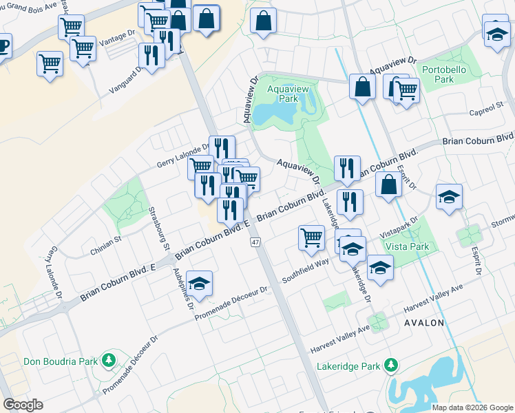 map of restaurants, bars, coffee shops, grocery stores, and more near 2301 Tenth Line Road in Ottawa