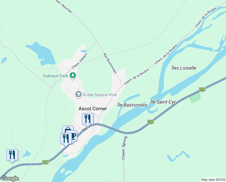map of restaurants, bars, coffee shops, grocery stores, and more near 5737 Rue Principale in Ascot Corner