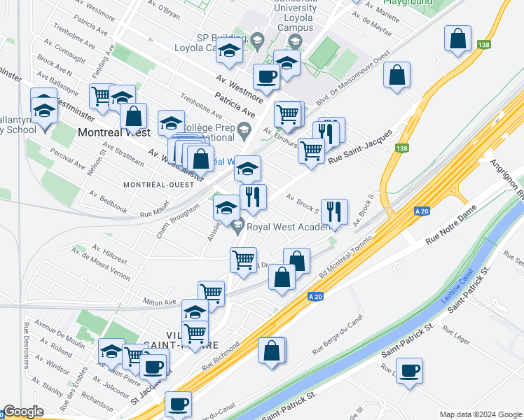 map of restaurants, bars, coffee shops, grocery stores, and more near 8036 Chemin Avon in Montréal-Ouest