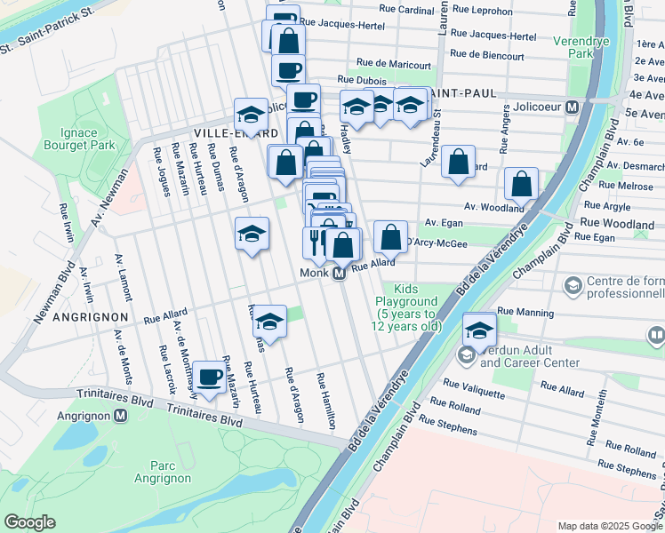 map of restaurants, bars, coffee shops, grocery stores, and more near in Montreal