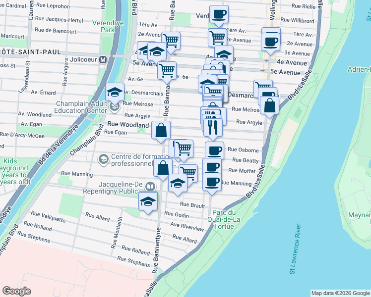 map of restaurants, bars, coffee shops, grocery stores, and more near 820 Rue Osborne in Montréal