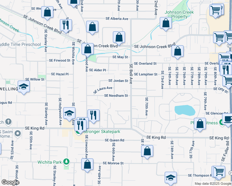 map of restaurants, bars, coffee shops, grocery stores, and more near 6605 Southeast Needham Street in Milwaukie