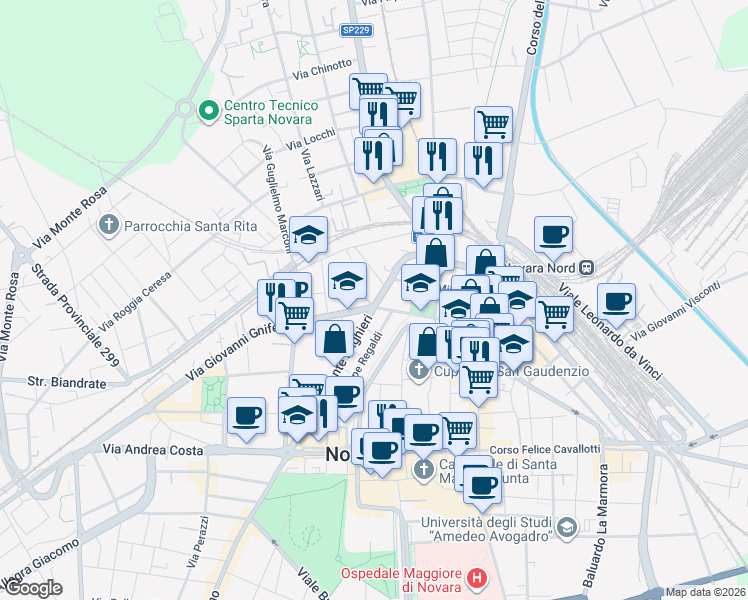 map of restaurants, bars, coffee shops, grocery stores, and more near 35c Viale Dante Alighieri in Novara