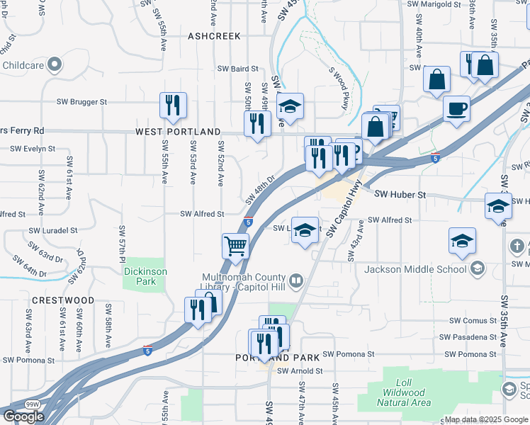 map of restaurants, bars, coffee shops, grocery stores, and more near 10315 Southwest Barbur Boulevard in Portland