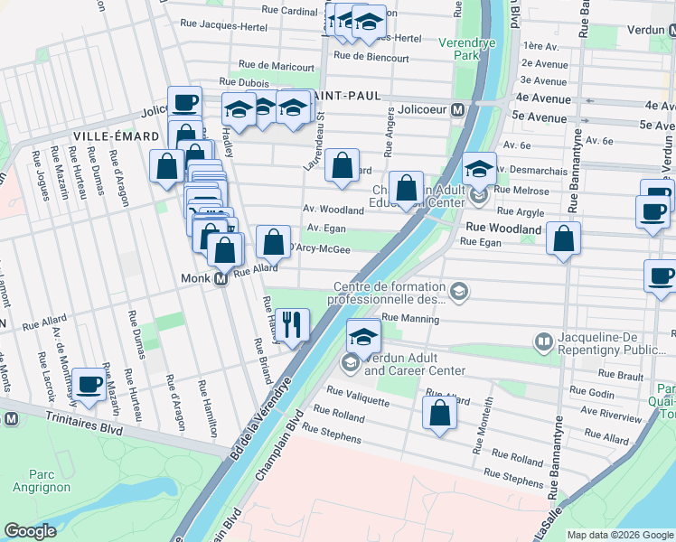 map of restaurants, bars, coffee shops, grocery stores, and more near 1696 Rue Allard in Montréal