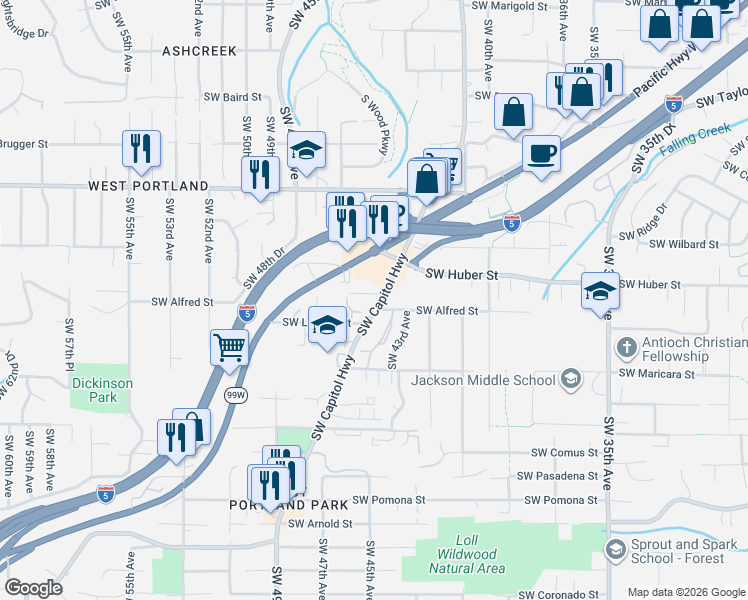 map of restaurants, bars, coffee shops, grocery stores, and more near 10230 Southwest Capitol Highway in Portland