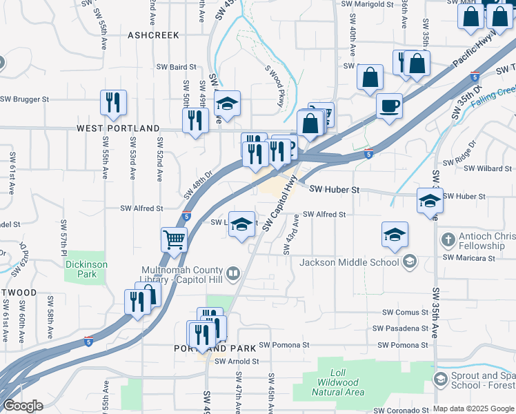 map of restaurants, bars, coffee shops, grocery stores, and more near 4533 Southwest Luradel Street in Portland
