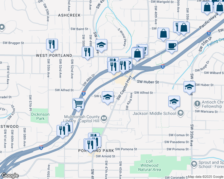 map of restaurants, bars, coffee shops, grocery stores, and more near 4533 Southwest Luradel Street in Portland