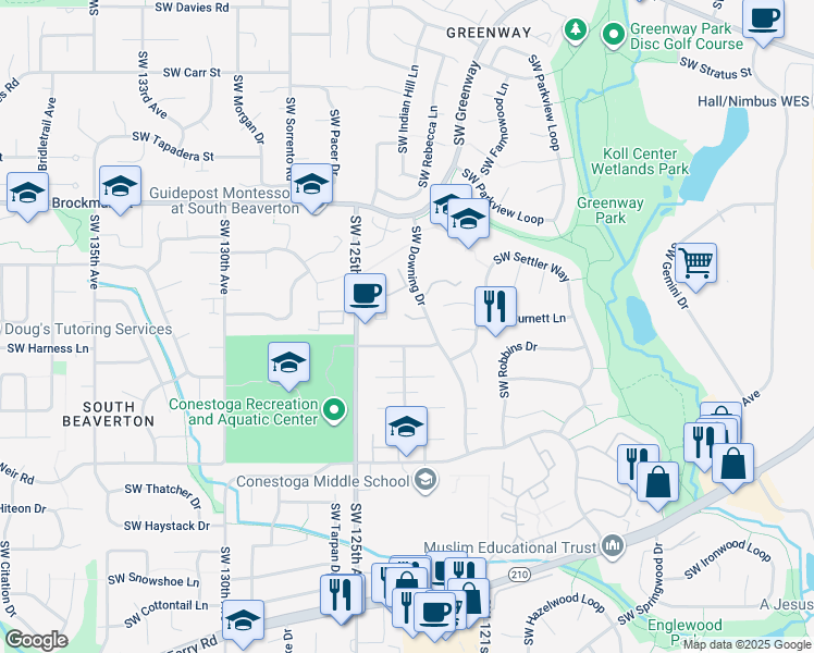 map of restaurants, bars, coffee shops, grocery stores, and more near 9555 Southwest Downing Drive in Beaverton