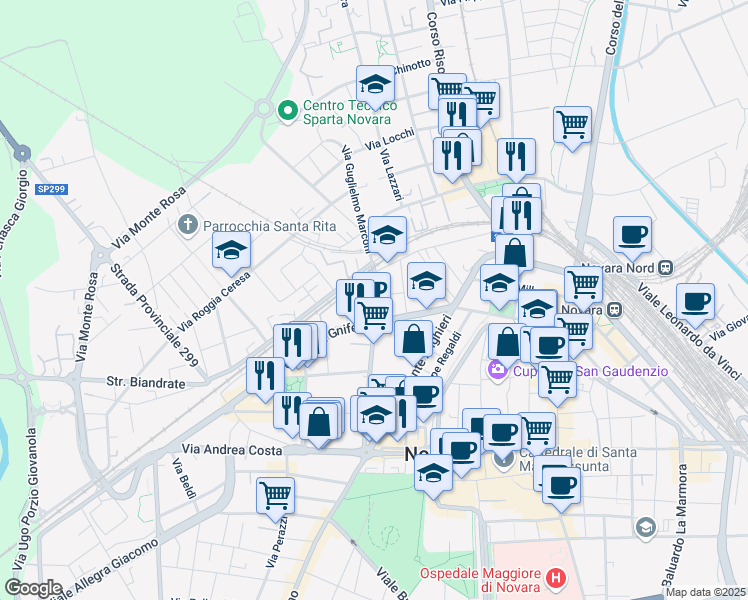 map of restaurants, bars, coffee shops, grocery stores, and more near 21 Via Guglielmo Marconi in Novara