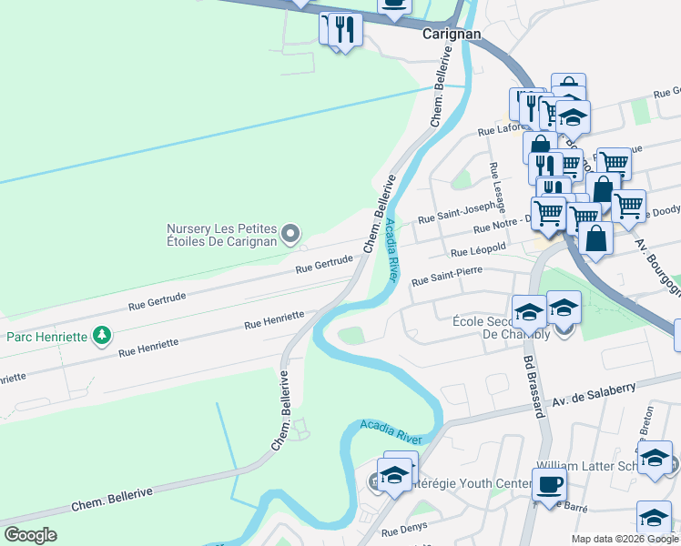 map of restaurants, bars, coffee shops, grocery stores, and more near 2442 Rue Thérèse in Carignan