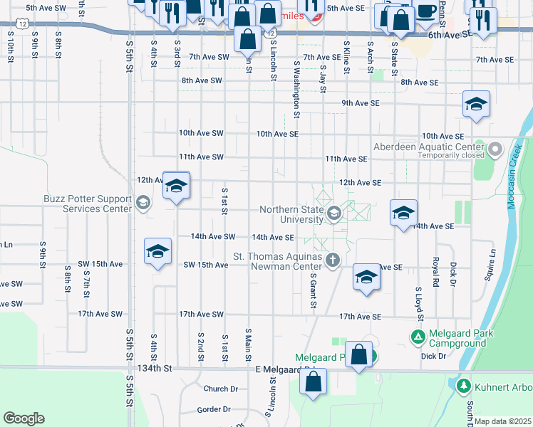 map of restaurants, bars, coffee shops, grocery stores, and more near 1302 South Lincoln Street in Aberdeen