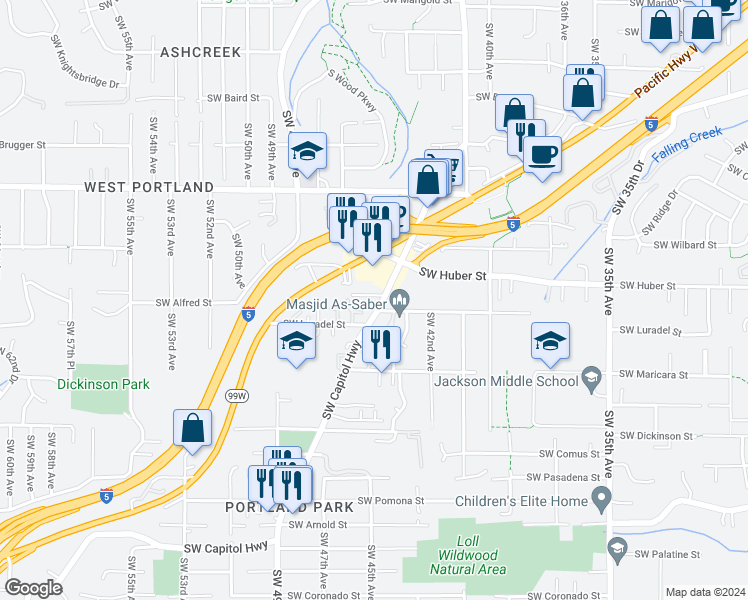 map of restaurants, bars, coffee shops, grocery stores, and more near 10230 Southwest Capitol Highway in Portland