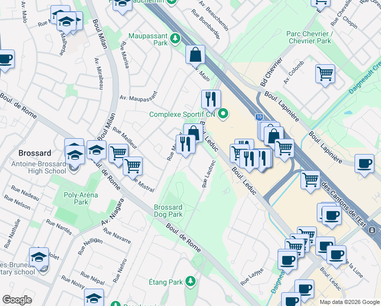 map of restaurants, bars, coffee shops, grocery stores, and more near 7479 Rue Lautrec in Brossard