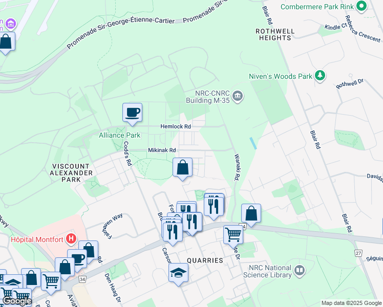 map of restaurants, bars, coffee shops, grocery stores, and more near 800 Mikinak Road in Ottawa