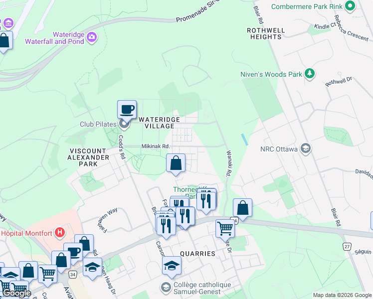 map of restaurants, bars, coffee shops, grocery stores, and more near 808 Mikinak Road in Ottawa