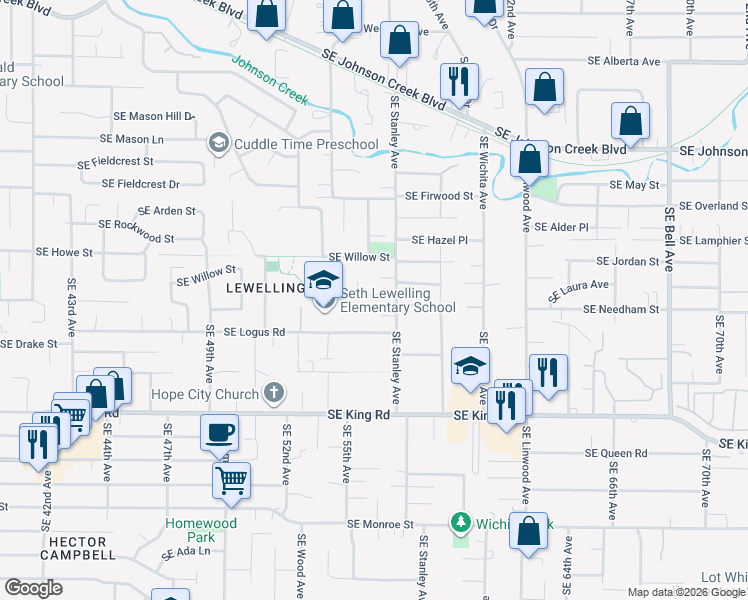 map of restaurants, bars, coffee shops, grocery stores, and more near 5648 Southeast Drefshill Street in Milwaukie