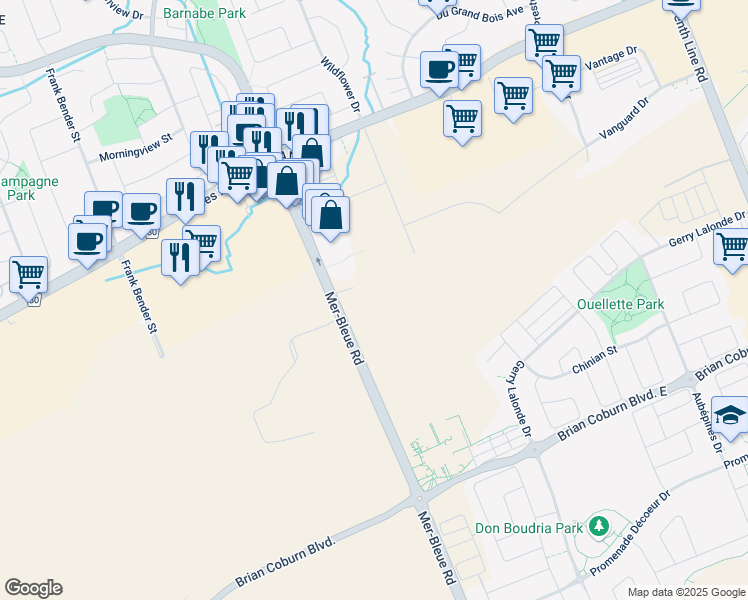 map of restaurants, bars, coffee shops, grocery stores, and more near 2127 Mer-Bleue Road in Ottawa