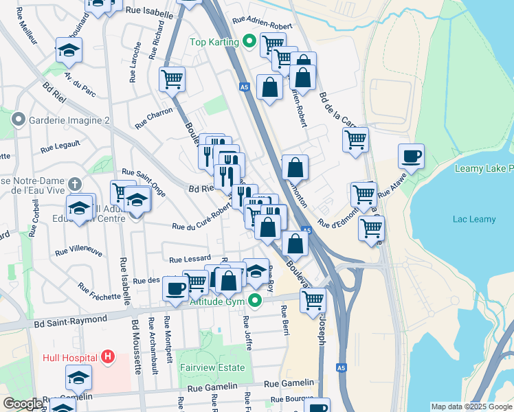 map of restaurants, bars, coffee shops, grocery stores, and more near 55 Rue Lesage in Gatineau