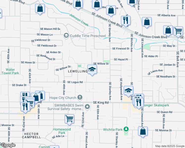 map of restaurants, bars, coffee shops, grocery stores, and more near 5325 Southeast Logus Road in Milwaukie