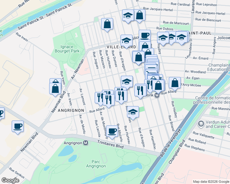 map of restaurants, bars, coffee shops, grocery stores, and more near 6639 Rue Hurteau in Montréal