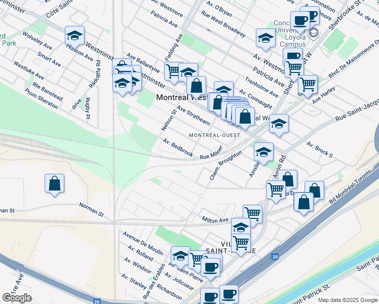 map of restaurants, bars, coffee shops, grocery stores, and more near 133 Bedbrook Avenue in Montreal-West