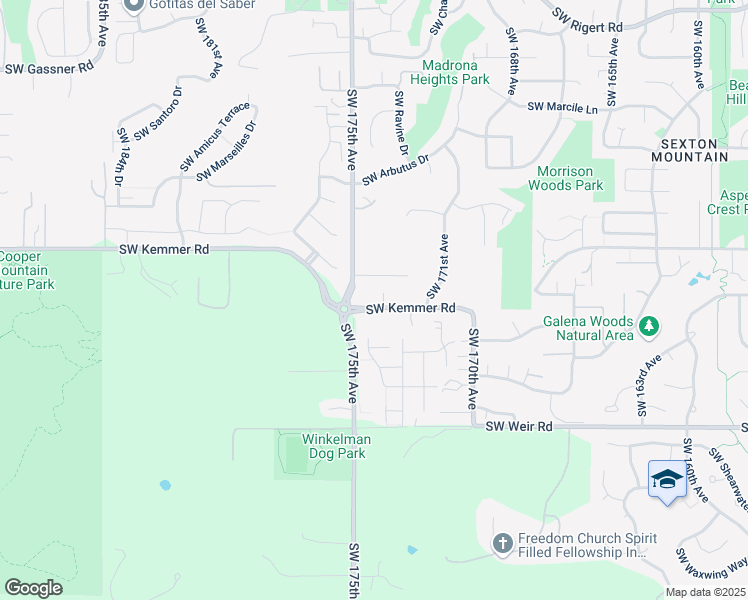 map of restaurants, bars, coffee shops, grocery stores, and more near 17389 Southwest Kemmer Road in Beaverton