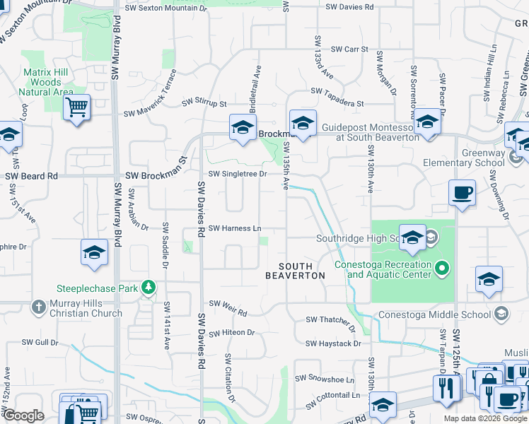 map of restaurants, bars, coffee shops, grocery stores, and more near 9470 Southwest Buckskin Terrace in Beaverton