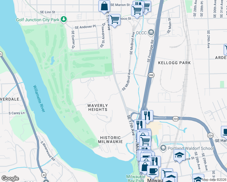 map of restaurants, bars, coffee shops, grocery stores, and more near 9833 Southeast 17th Avenue in Milwaukie