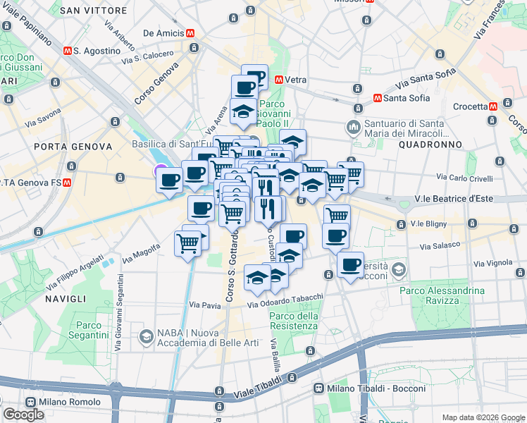 map of restaurants, bars, coffee shops, grocery stores, and more near 2-14 Via Pietro Custodi in Milan