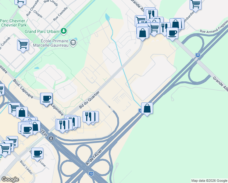 map of restaurants, bars, coffee shops, grocery stores, and more near 5505 Boulevard du Quartier in Brossard