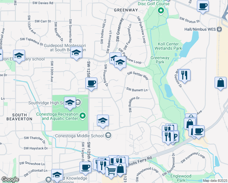 map of restaurants, bars, coffee shops, grocery stores, and more near 12125 Southwest Keas Court in Beaverton