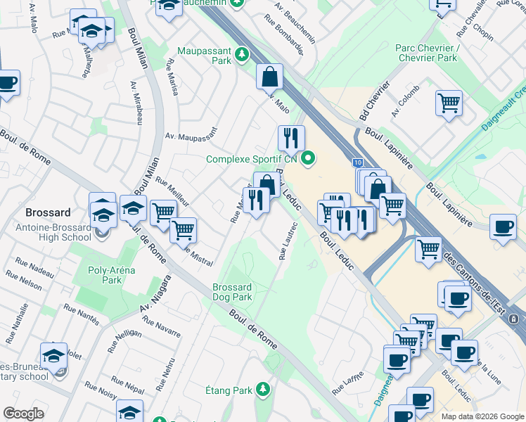 map of restaurants, bars, coffee shops, grocery stores, and more near 7479 Rue Lautrec in Brossard