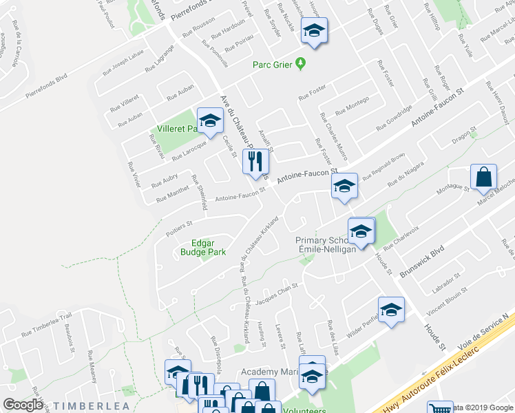 map of restaurants, bars, coffee shops, grocery stores, and more near 18425 Rue Budge in Montréal
