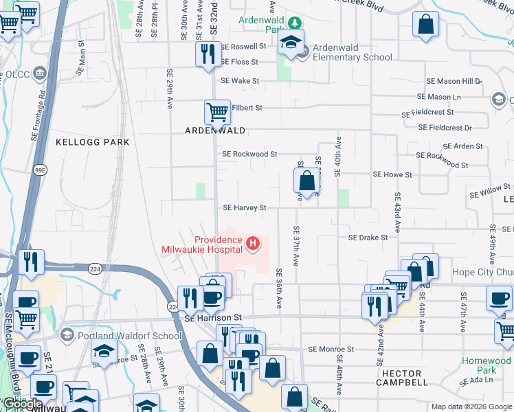 map of restaurants, bars, coffee shops, grocery stores, and more near 3325 Southeast Harvey Street in Milwaukie
