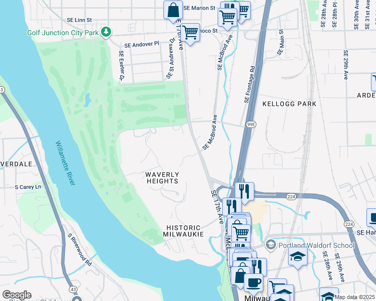 map of restaurants, bars, coffee shops, grocery stores, and more near 9833 Southeast 17th Avenue in Milwaukie