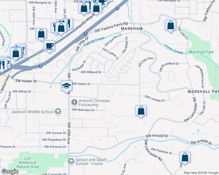 map of restaurants, bars, coffee shops, grocery stores, and more near 2952 Southwest Huber Street in Portland