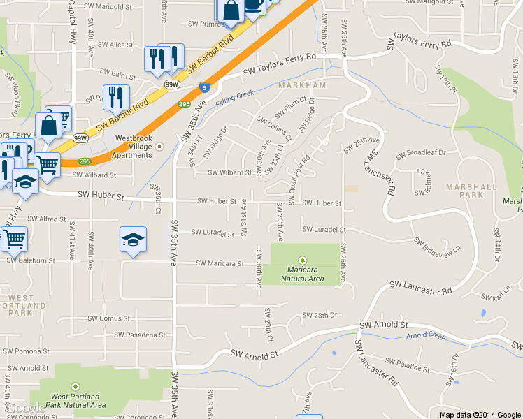 map of restaurants, bars, coffee shops, grocery stores, and more near 2952 Southwest Huber Street in Portland