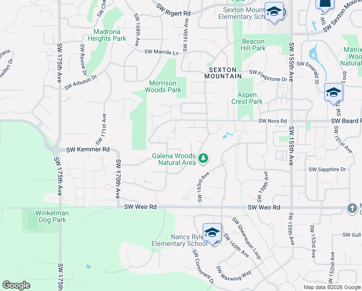 map of restaurants, bars, coffee shops, grocery stores, and more near 9451 Southwest 164th Avenue in Beaverton
