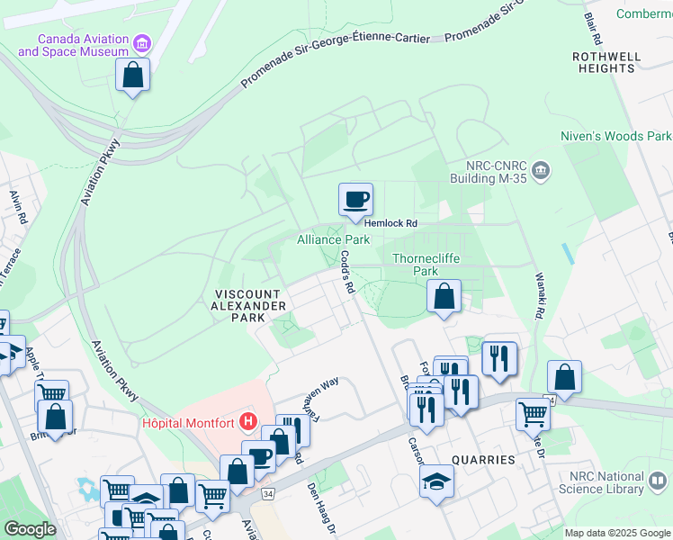 map of restaurants, bars, coffee shops, grocery stores, and more near 652 Mikinak Road in Ottawa